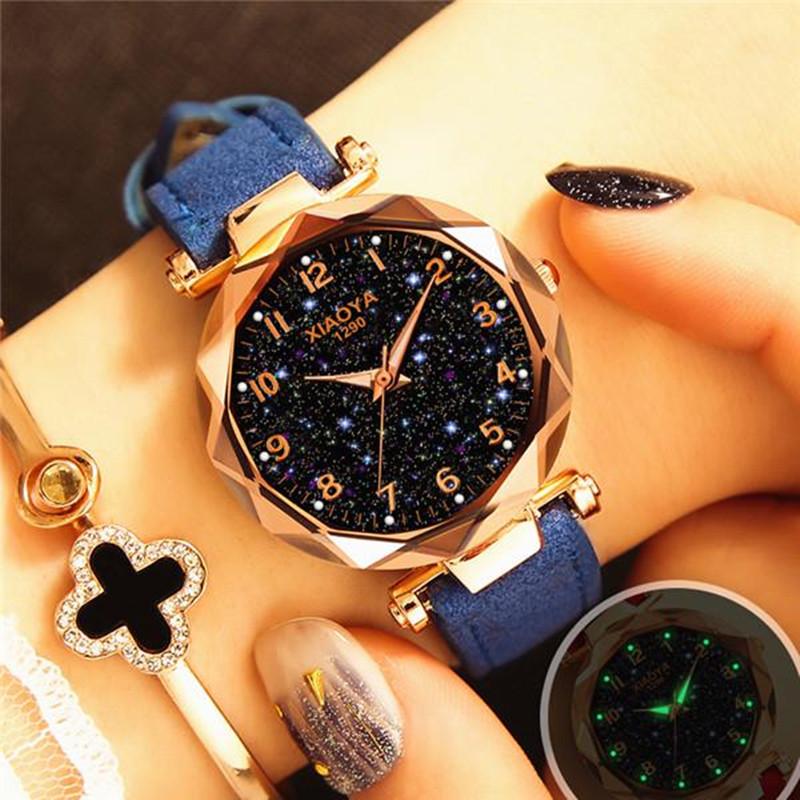 Women Luxury Watch Personality Romantic Luminous Starry Sky Wristwatch Leather Rhinestone Watch