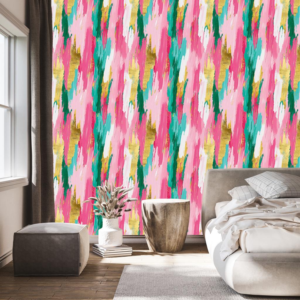 Brushstrokes wallpaper powder pink and sea blue 50x1000