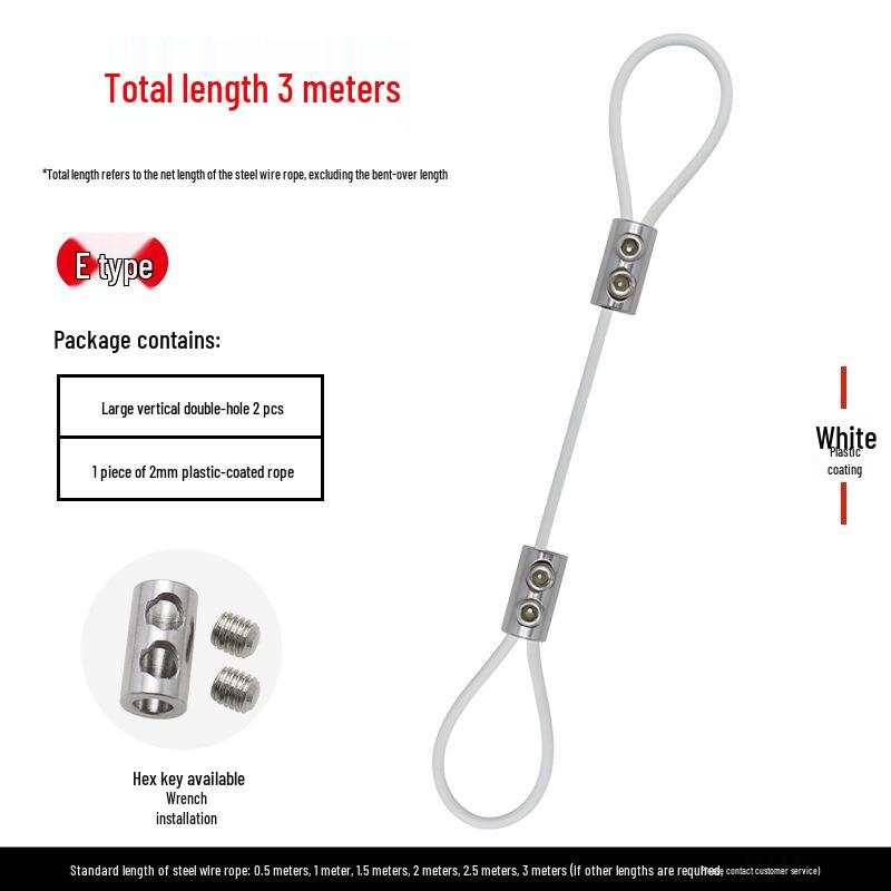 Plastic-coated steel wire rope with aluminum sleeve and stainless steel buckle for hanging and locking.