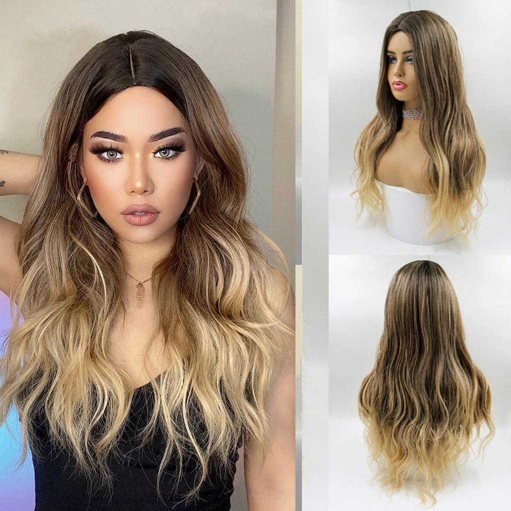 Длинные коричневые синтетические парики с эффектом омбре для женщин, волнистые парики из натуральных волос, средняя часть, женский парик, косплей, термостойкие волокна, парики