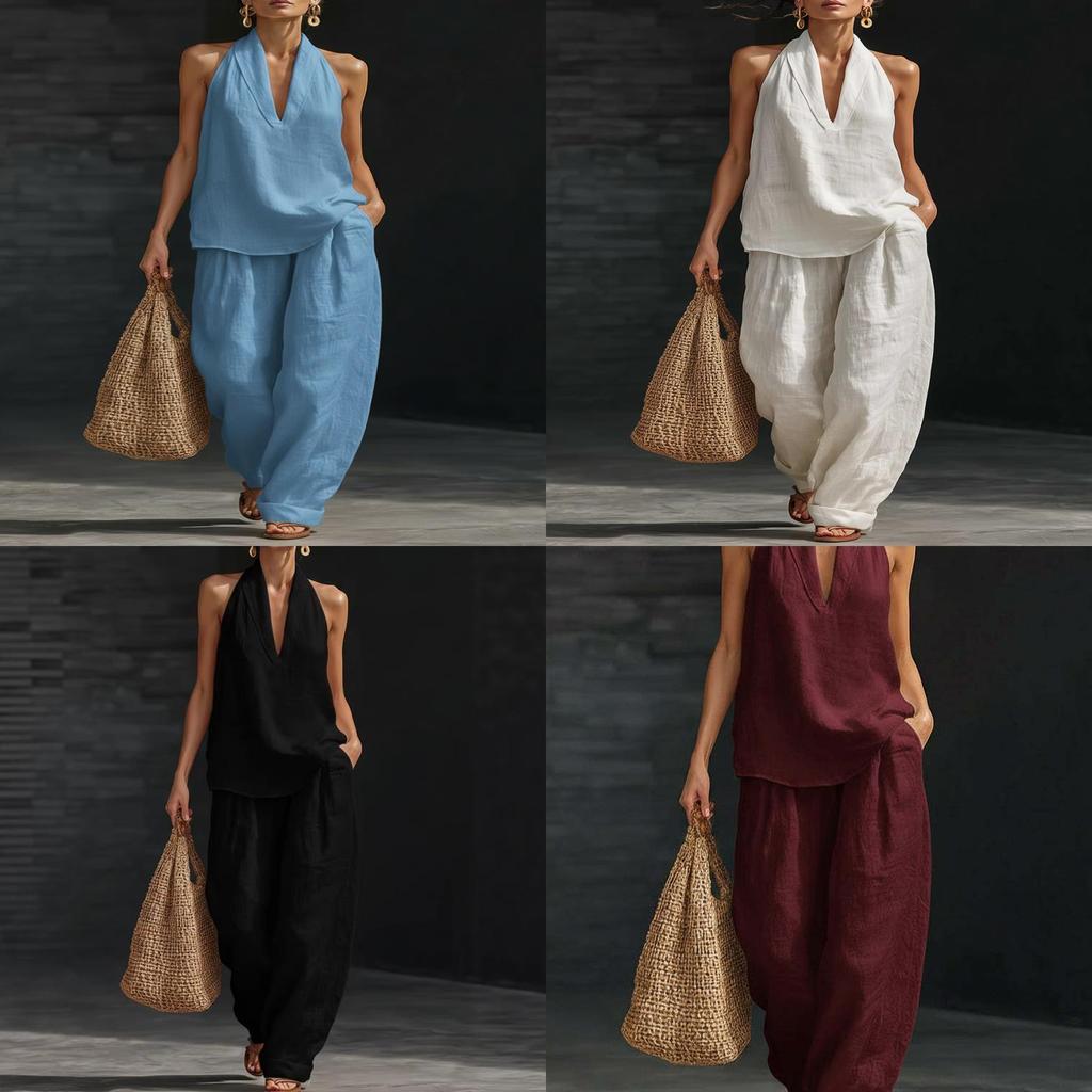 Cotton Linen Blend Sleeveless Pantsuit With Patching For Casual Women Spring Summer