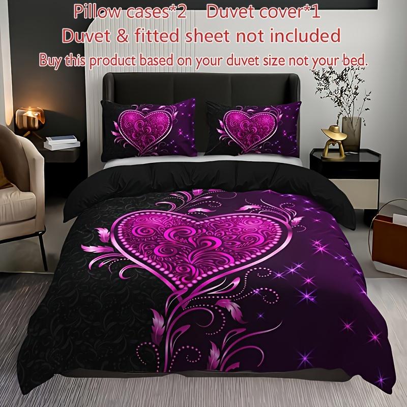 3pcs Purple Heart Rose Floral Print Duvet Cover Set - 1 Duvet Cover 2 Pillowcases Breathable Polyester Perfect for All Seasons