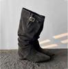 Sheepskin Version~ Pile Boots Belt Buckle Skinny Boots Pointed Low Heel Retro Western Cowboy Boots Female Knight Boots