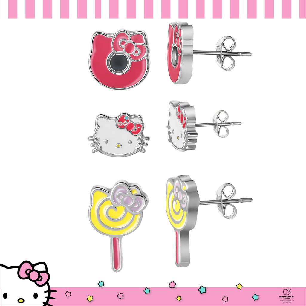 Набор Серьг Hello Kitty | Официально Лицензированный Набор из 3 Штук Пусет | Персонал Hello Kitty (Sanrio), Размер S, Имитация родия, Без драгоценных камней