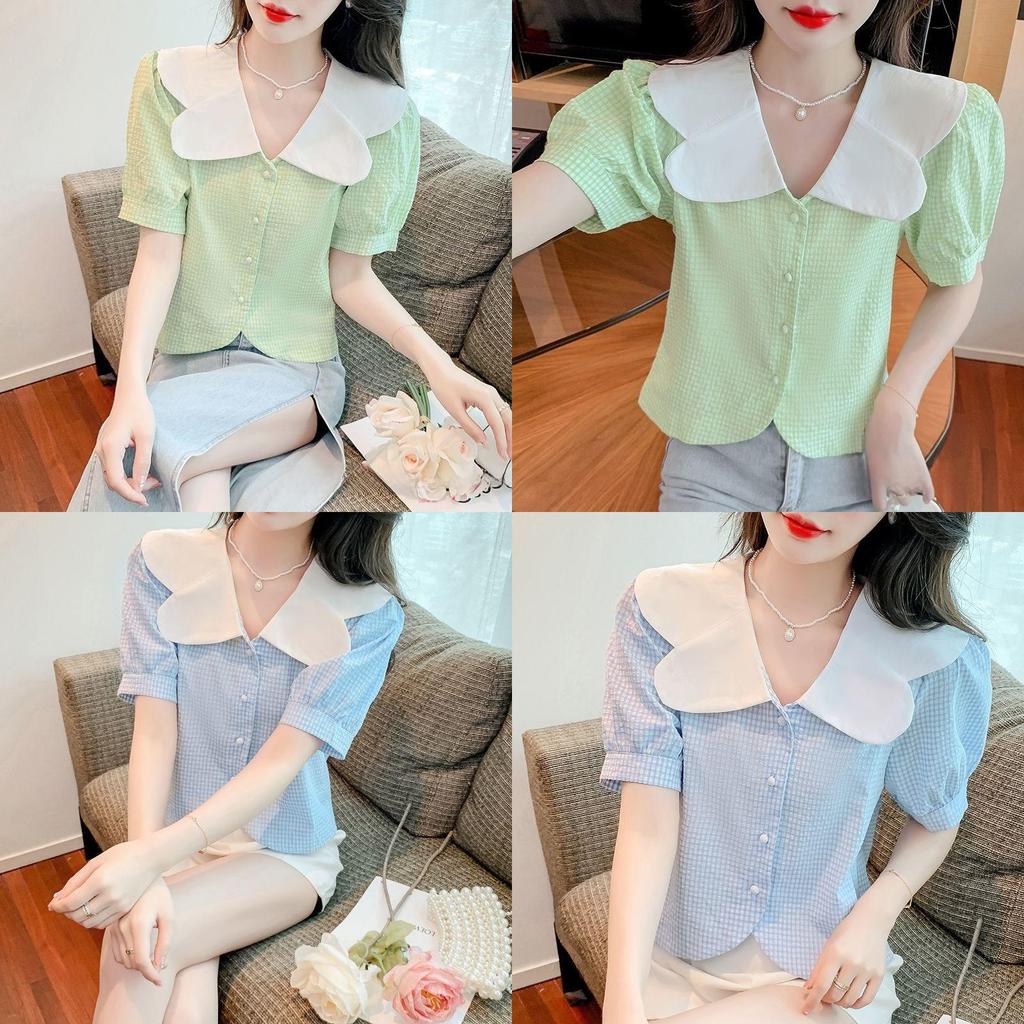 Summer Womens Blouse With Bubble Sleeves And French Collared Design For Casual Wear