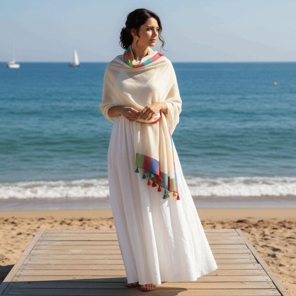 Soft Draped Gauze Shawl Rainbow Border Beach Scarf New Tassel Shawl Women Fashion