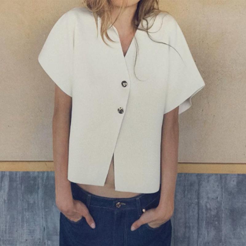 Повседневный однотонный трикотажный топ для женщин с коротким рукавом и V-образным вырезом на двух пуговицах, тонкий элегантный жилет для лета и осени для женщин, белый универсальный трикотаж