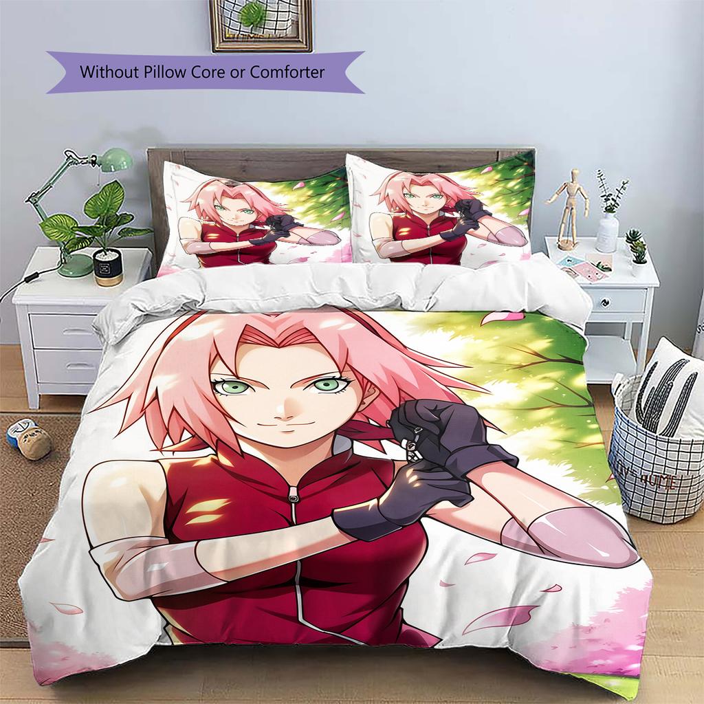 Постельное белье с рисунком Харуно Сакуры из аниме Наруто, Декор для дома, Подарок на день рождения (1 пододеяльник + 2 наволочки, без наполнителя)