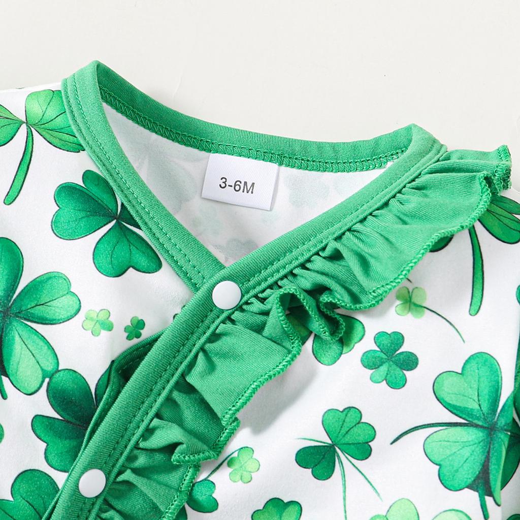 Baby Girls Rompers and Headband Sets Shamrock Print V-Neck Long Sleeve Jumpsuit Bodysuits Ireland Festival Clothes