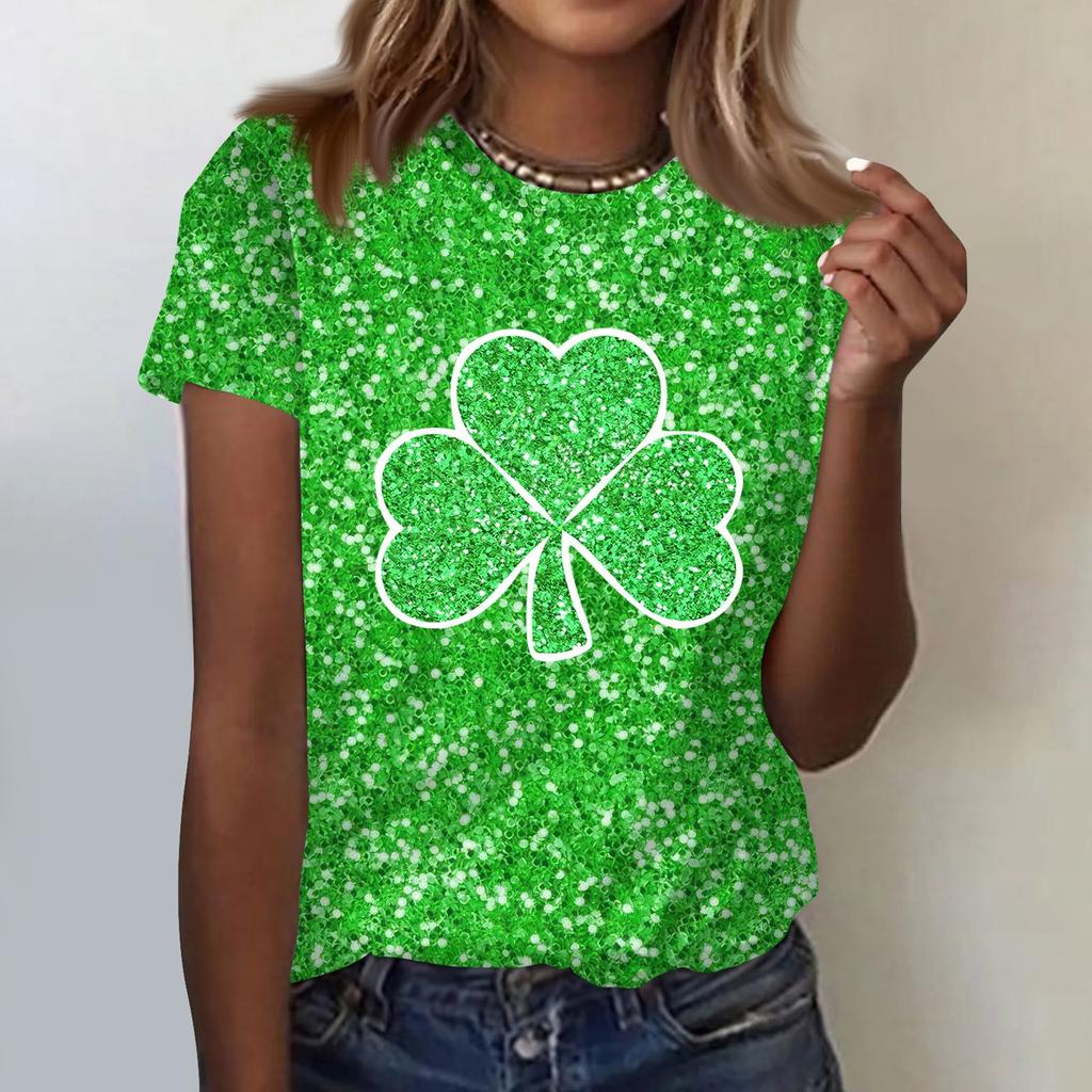 Women's  Casual Short Sleeve Shirts Fashion St Patrick's Print Tunic Tops With Pockets