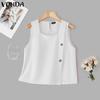 Women Summer Square Neck Sleeveless Side Decorate Buttons Casual Tank Tops