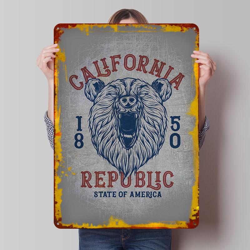 California Republic Poster Customized Wall Art Vintage Metal Signs Retro Tin Plaque for Man Cave Room Decoration Gaming Decor
