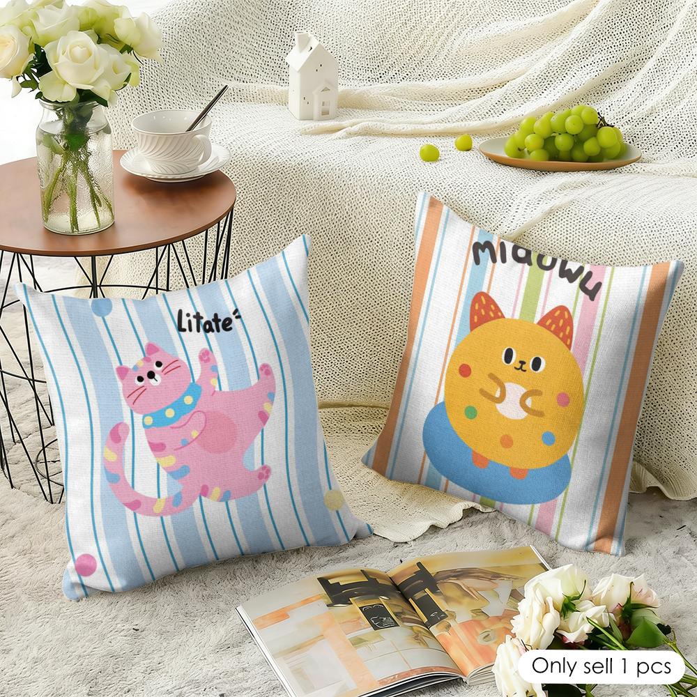 Kawaii Cute Cat Cushion Cover Natural Linen Organic Fabric DoubleSided Printing Sofa Home Decor Gift Pillow Case