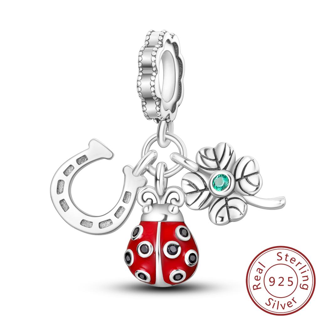 Authentic Original Charm Bead Component Copper Metal Horseshoe Ladybird Four-leaf Clover Compatible With Bracelet High Quality Fine Jewelry Pendant