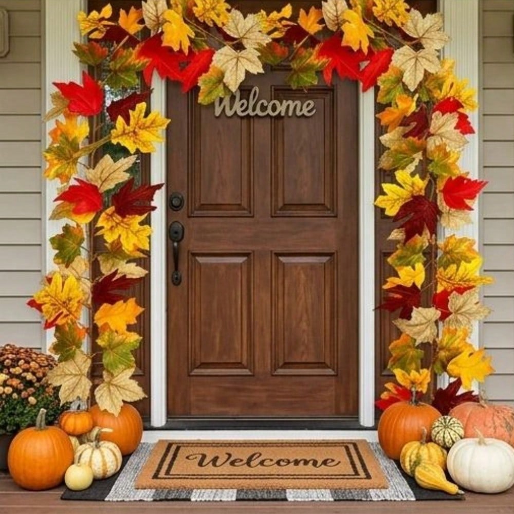 2Pcs Fall Artificial Maple Leaf Wreath—Harvest Festival, Thanksgiving, and Halloween Decorations; Artificial Maple Leaves and Vine; Outdoor Garden