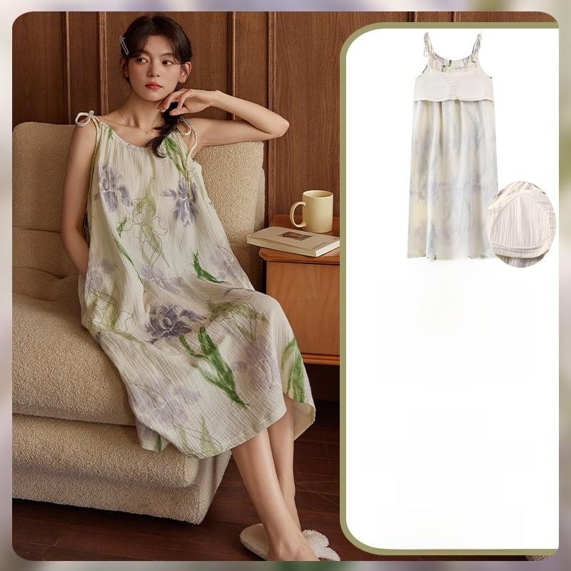 Cloud Cotton Short Sleeve Sleep Dress With Chest Padding For Comfortable Home Wear