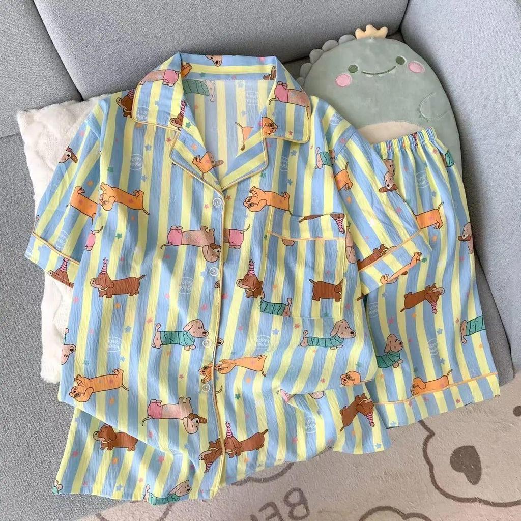Корейский набор пижамы с облачным хлопком и мультяшными парами - Кардиган с коротким рукавом и шорты