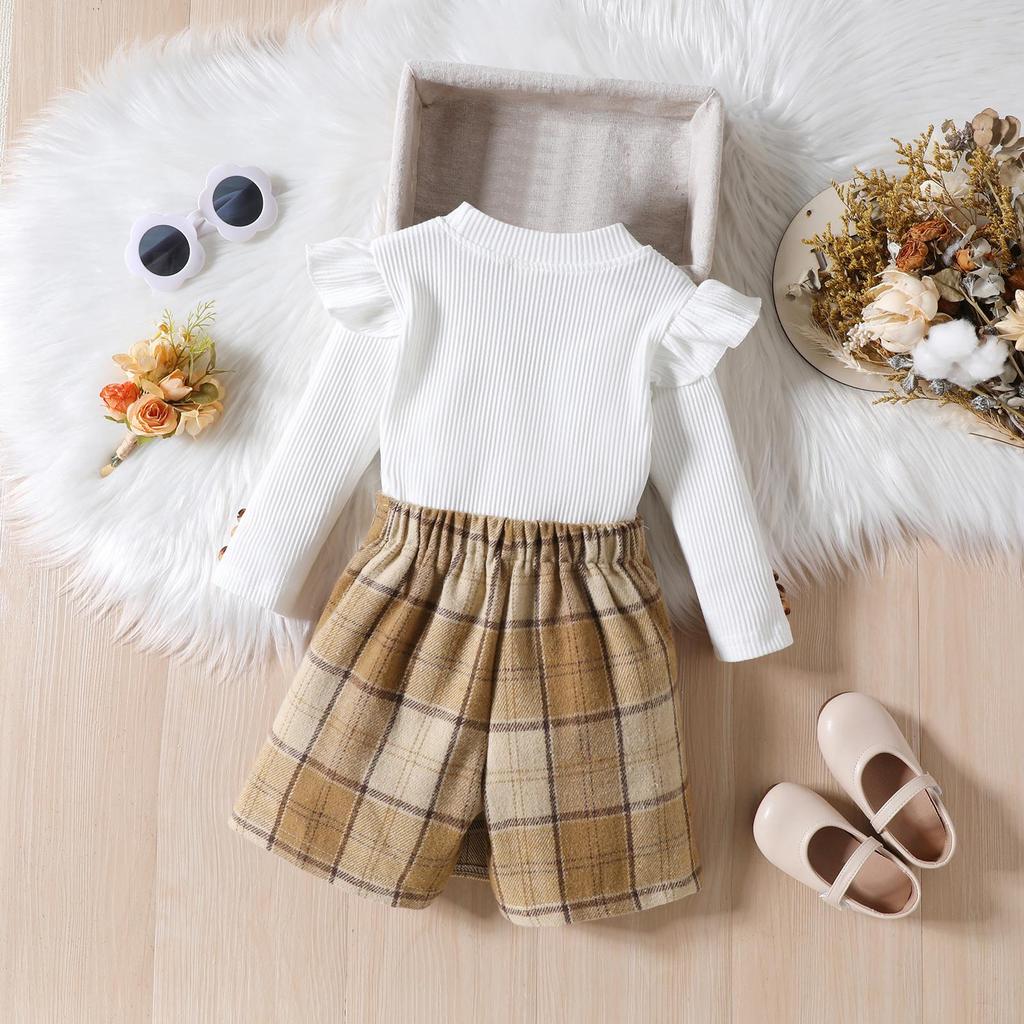 Осенние комплекты детской одежды для девочек 18 месяцев, 2 лет, 3 лет, 4 лет, 5 лет, 6 лет, 1-6 лет, водолазка, свитер с длинными рукавами, топы + клетчатые юбки с принтом