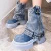 Fashion Denim Ankle Boots For Women Round Toe Thick Bottom Side Zipper Belt Buckle Female Shoes Solid Color Low Heel Designer New Brand