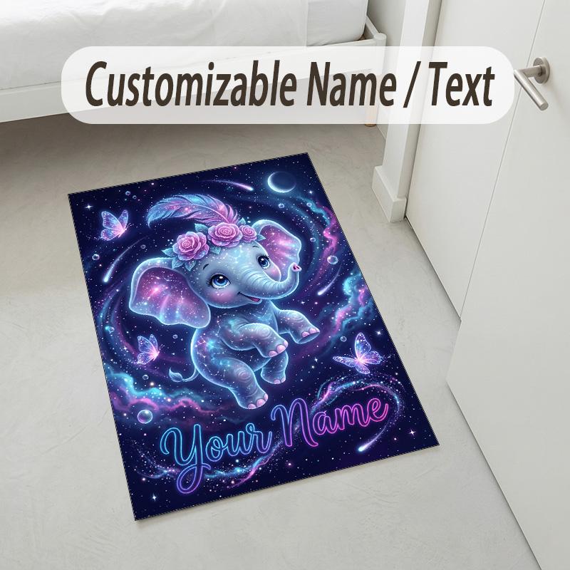 Elephant Theme Crystal Velvet Rug Personalized Custom Name Text Soft Floor Mat Home Decor