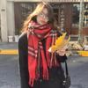 Korean Style Women's Red Plaid Winter Scarf - Warm & Thick Shawl