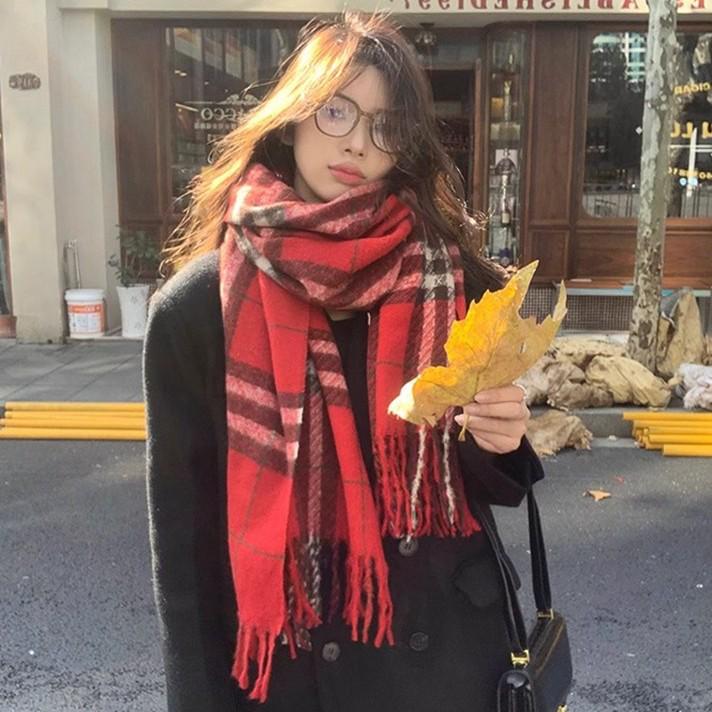 Korean Style Women's Red Plaid Winter Scarf - Warm & Thick Shawl