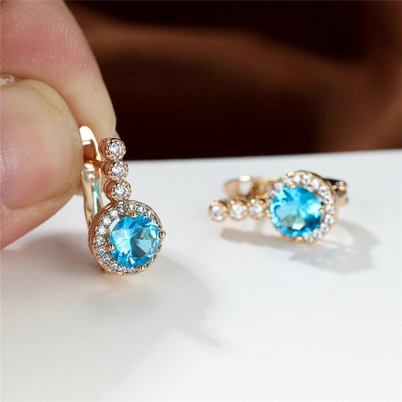 Милые фиолетовые серьги-кольца с кристаллами, розовое золото, маленькие серьги, аквамариновый циркон, круглые серьги из камня для женщин, свадебные украшения