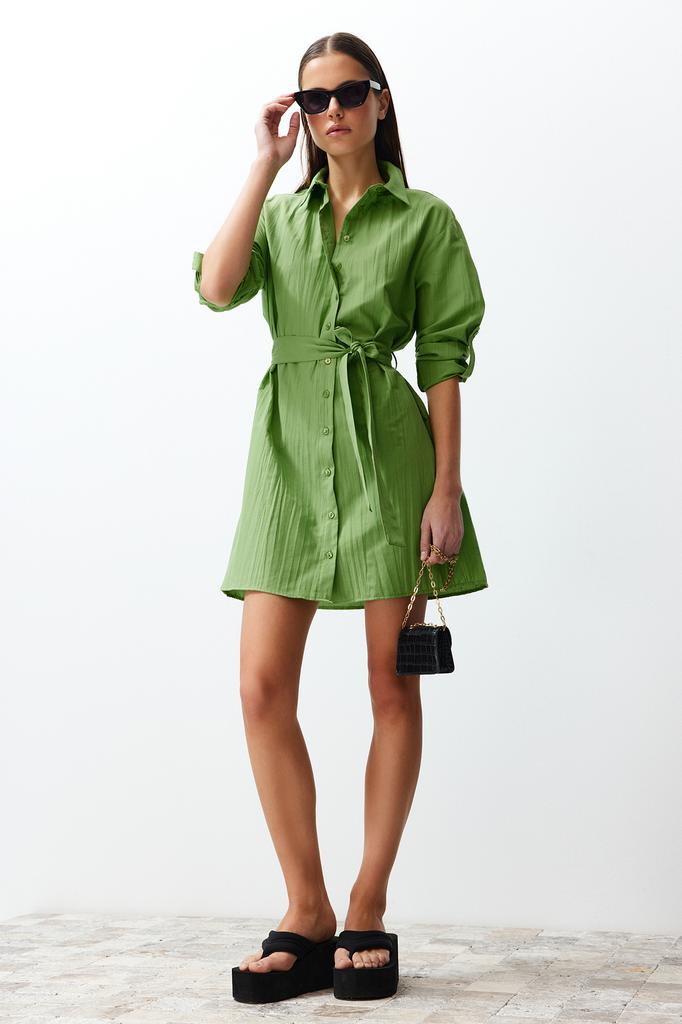 Women's Fashion New Dress Green Belted Fabric Textured Mini Woven Shirt Dress