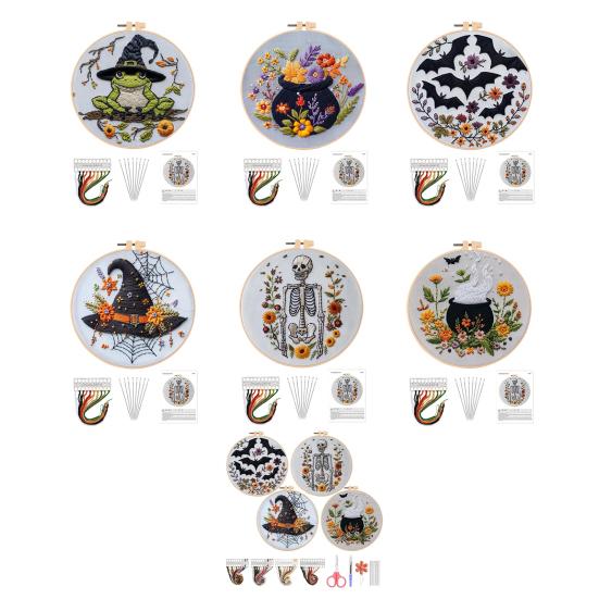 1 Set Halloween Embroidery Kit with Hoop Threads Scissors Threader Beginners Gothic Stamped Cross Stitch Hand Embroidery Starter Kit