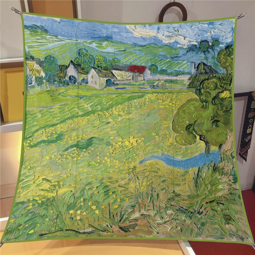 Silk Scarf Women Oil Painting Square Scarves Head Echarpes Silk Foulards Femme Wraps Beach Shawls Bandana Lady Hijabs 90CM