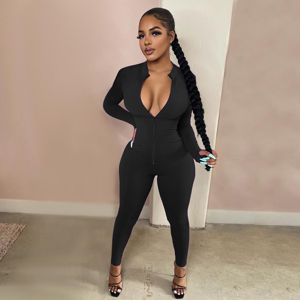 Women Sexy Bodysuit Long Sleeve Fall Wear Sexy Slim Skinny Clubwear Solid Zipper Bodycon Bandage Jumpsuit Overalls High Street