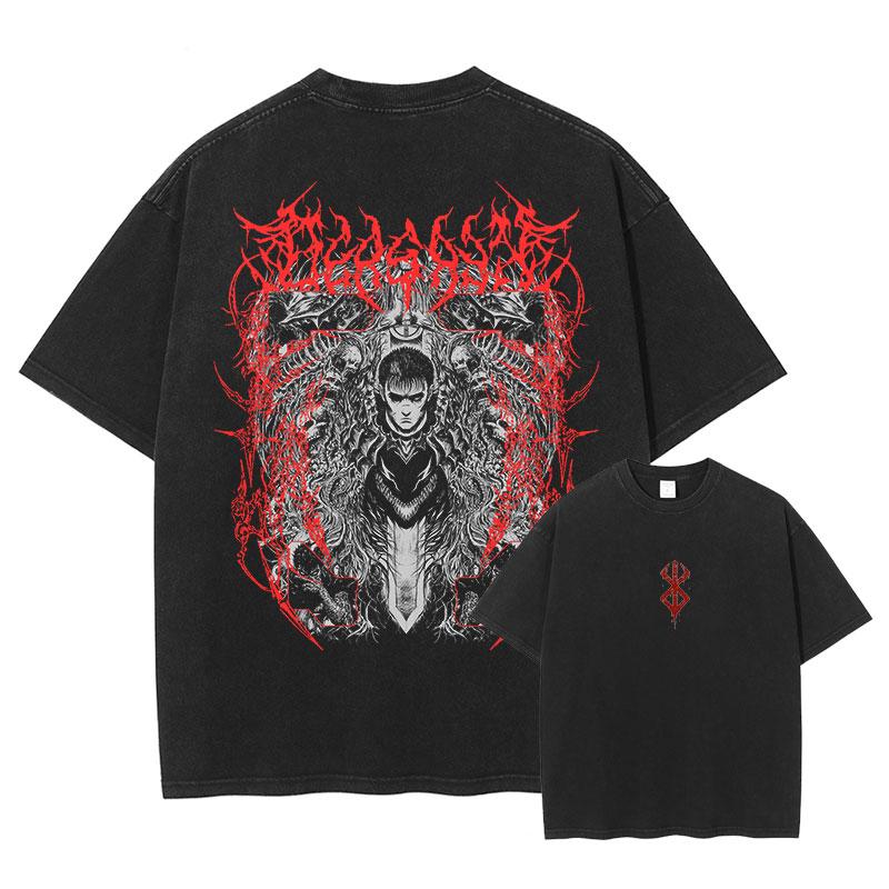 Японское аниме Берсерк Графическая выстиранная футболка Мужская Манга Хлопковые футболки Повседневная Винтажная Готическая футболка Харадзюку Мужская Уличная футболка