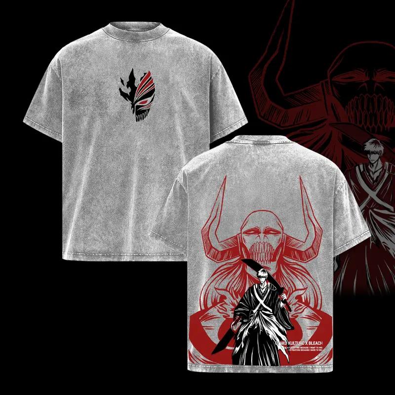 Аниме BLEACH Куросаки Ичиго Одежда Мужчины Женщины Футболки с коротким рукавом Хлопковая футболка с эффектом стирки Ретро Оверсайз Футболка Харадзюку Футболка