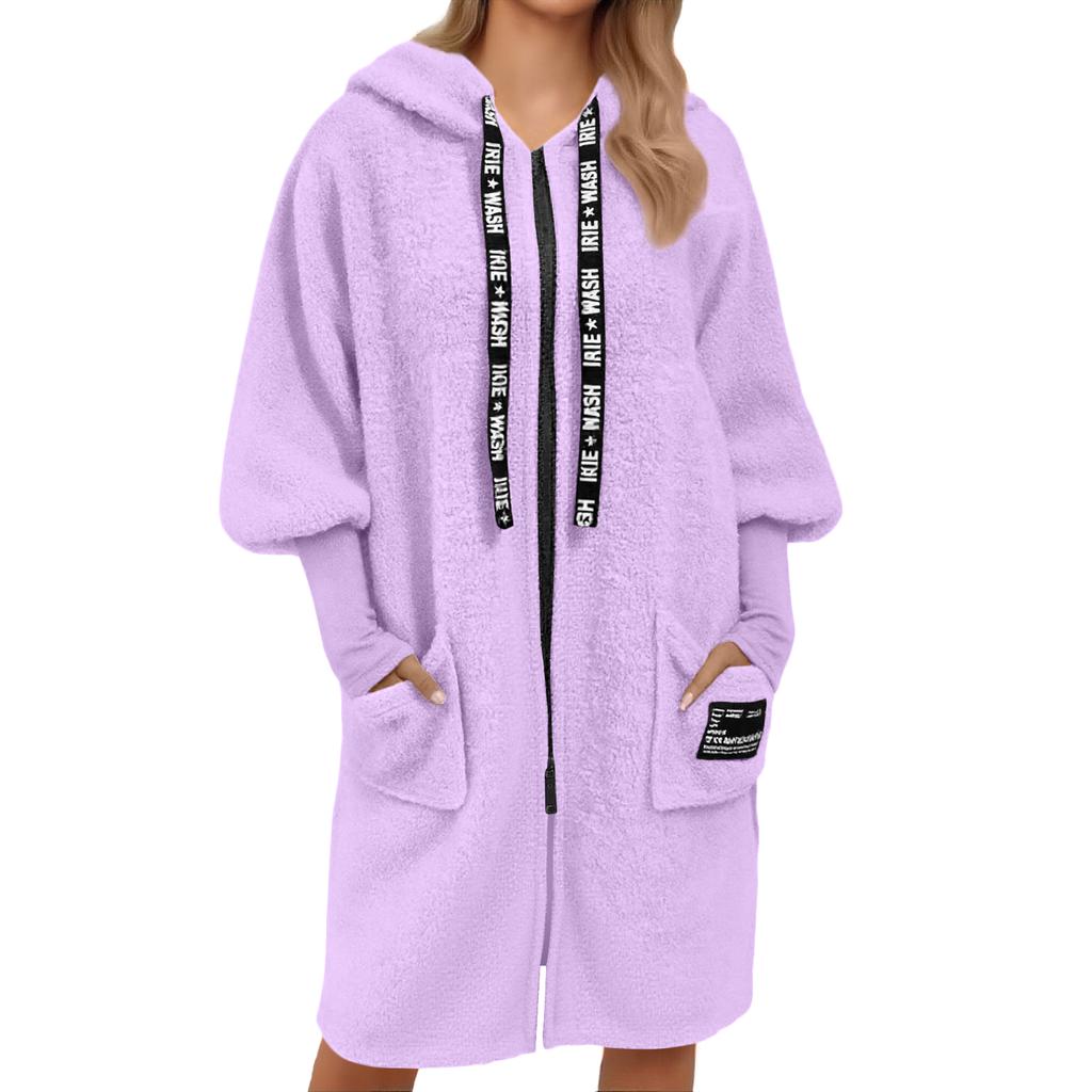 Women's Loose Casual Drawstring Zipper Hooded Warm Lambskin Long Coat