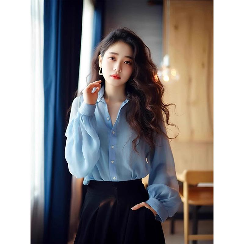 Стильный корейский гонконгский синий универсальный топ с длинными рукавами для женщин