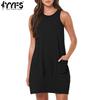 Женская мода лето весна однотонный принт без рукавов с круглым вырезом свободная талия повседневные платья