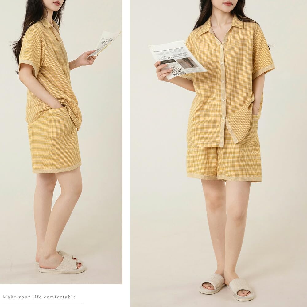 Да Семейный Пижамный Шорт из Двойной Марли Передняя Клетка Размер Желтый Женский Комплект, 100% Хлопок, Рукава, Разрез, Рисунок, XL,