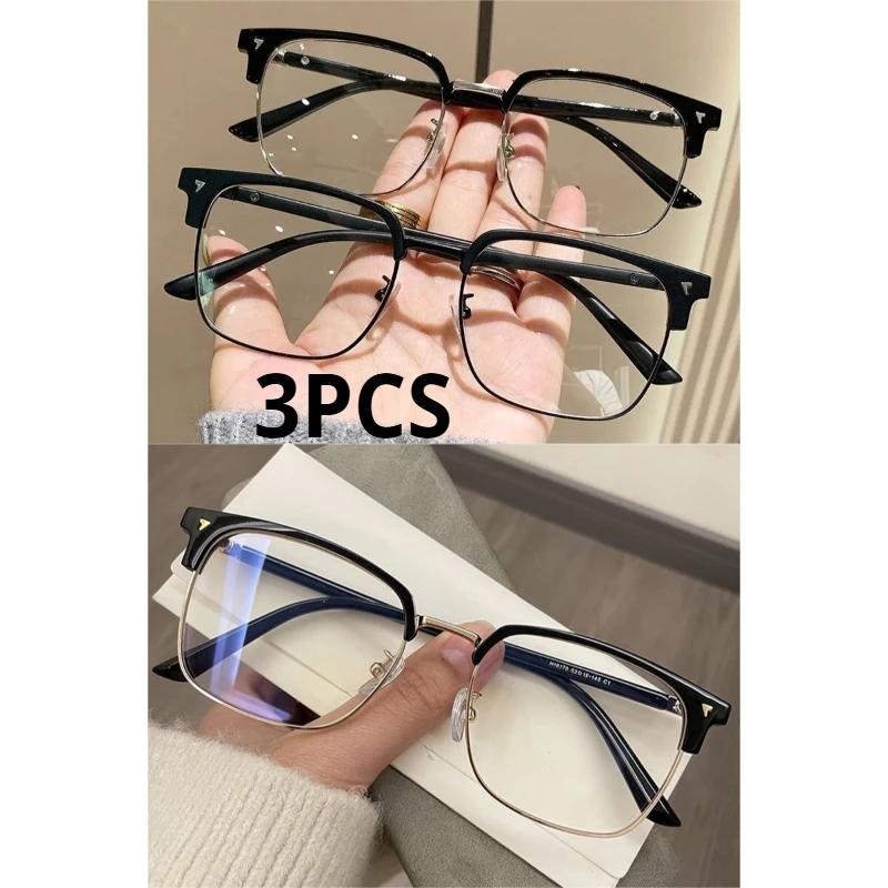 3Pcs Elegant Men'S Classic Vintage Half-Frame Glasses Sleek Black Anti-Blue Light Pc Lenses For Computer Use Durable Metal