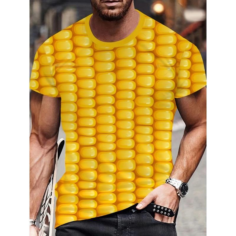 Corn Cob 3D Print T-Shirt – Unisex Yellow Short Sleeve Tee, Realistic Corn Kernels All Over Print, Funny Food Graphic Casual Top