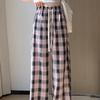 Большие размеры Винтажные клетчатые брюки со стразами Широкие брюки для женщин Летние тонкие брюки с высокой талией и завязками Прямые повседневные брюки