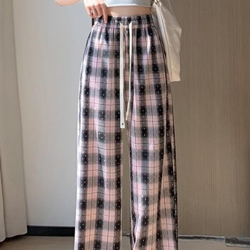 Большие размеры Винтажные клетчатые брюки со стразами Широкие брюки для женщин Летние тонкие брюки с высокой талией и завязками Прямые повседневные брюки