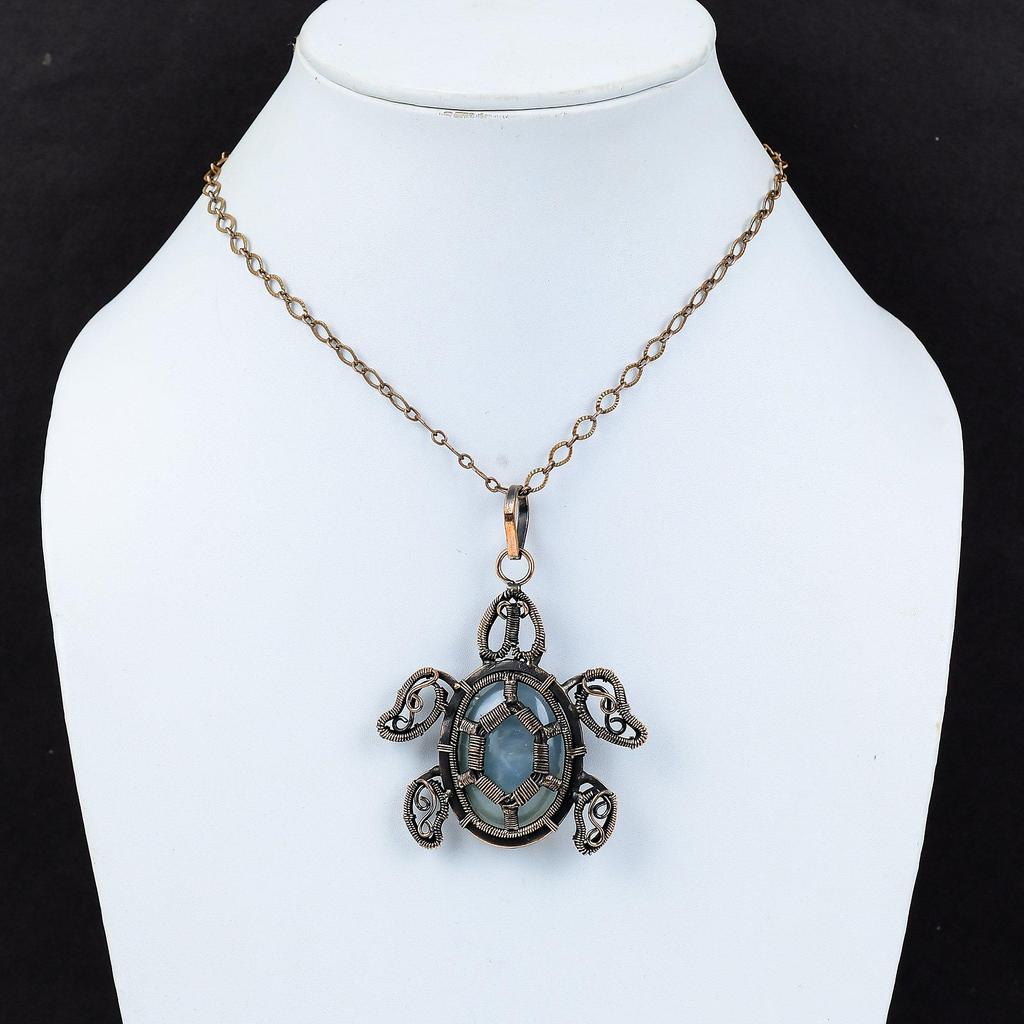Аквамариновый кулон, медная проволока, кулон, кулон с драгоценным камнем, черепаха, медные украшения, кулон ручной работы, проволочная пленка, ювелирный подарок для друга