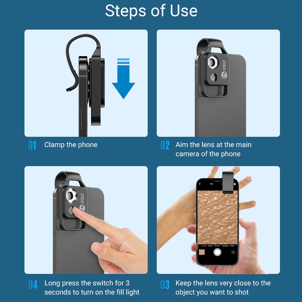 Портативный микроскоп 200X, универсальный микроскоп для мобильного телефона с 6 светодиодами, 2 уровня яркости