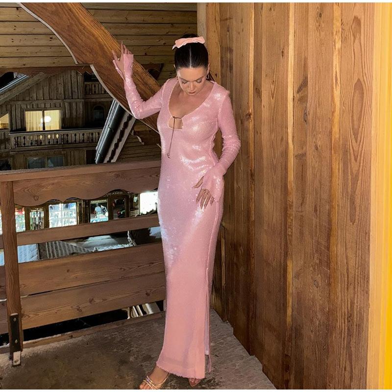 Дамское женское сексуальное длинное сетчатое платье с пайетками и разрезом по талии, элегантное вечернее клубное платье для вечеринки