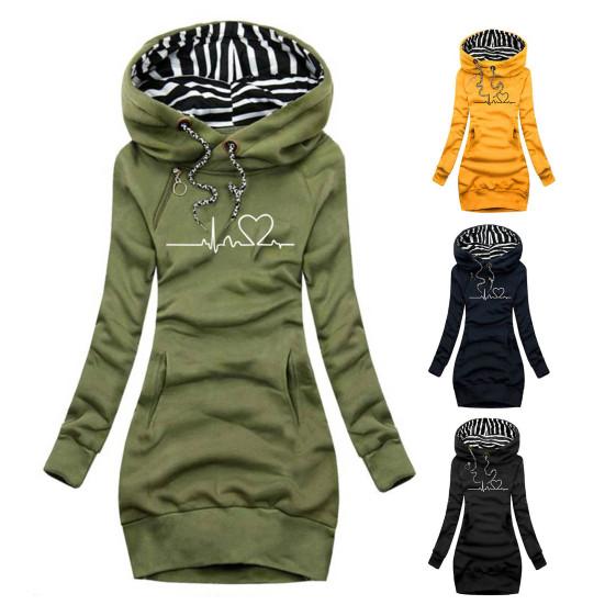 Пуловер средней длины на шнурке с передним карманом и длинными рукавами, женская осенне-зимняя толстовка с принтом «сердцебиение», облегающая толстовка с капюшоном, верхняя одежда