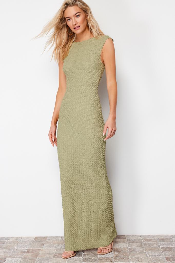 Women's Style Dress Black Textured Fabric Fitted Moon Sleeve Knitted Stretchy Midi Pencil Dress