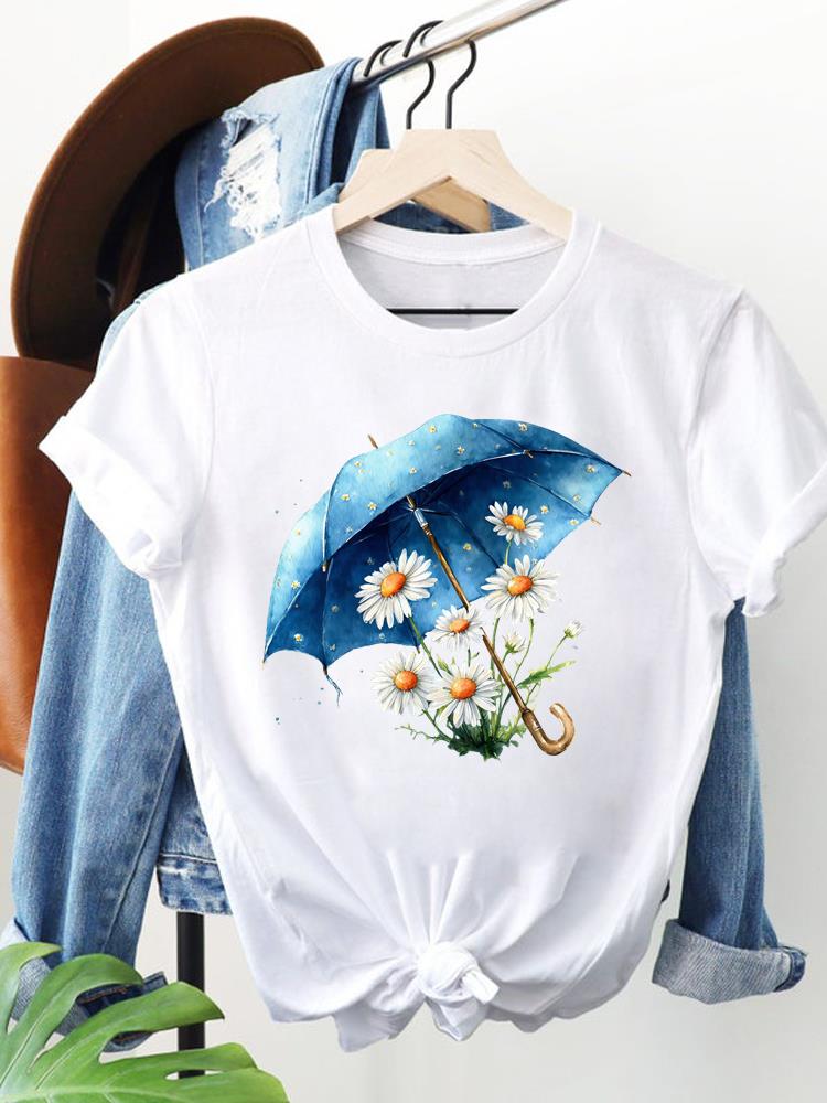 (Азиатский размер) милый цветок прекрасный Одежда Женщины Мода Принт Короткий рукав Футболка Топ Женская футболка Женщина Графические футболки