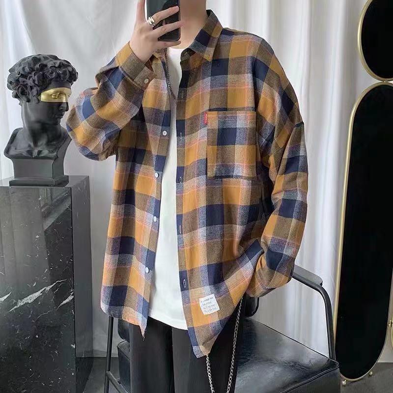 Рубашка унисекс с длинным рукавом в гонконгскую клетку: Модный, свободный крой, ретро-корейский стиль на все времена года