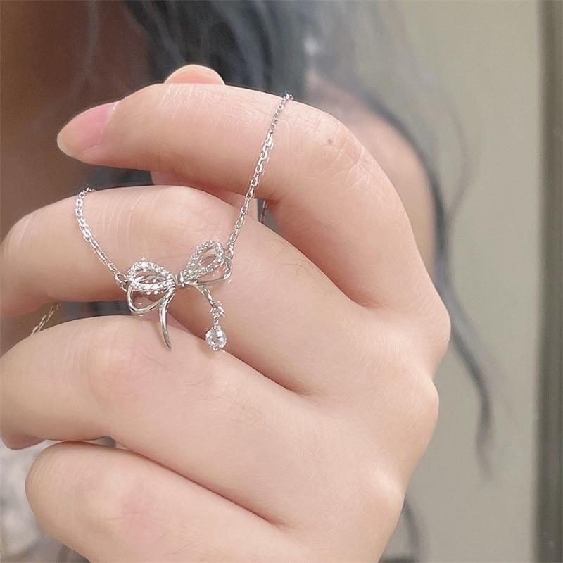 Double Layered Bowknot Pendant Necklace For Women Girls Elegant Versatile Necklace Clavicular Chain Jewelry Accessories