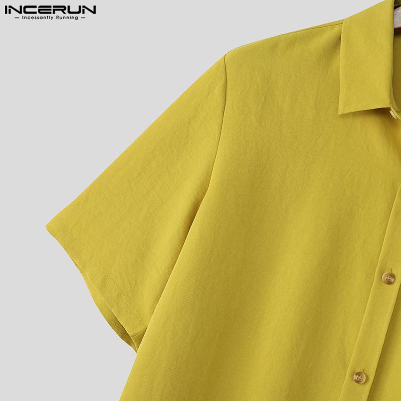 INCERUN Мужские рубашки с воротником-лацканом, коротким рукавом, пуговицами, оборками и слоями в стиле пэчворк, повседневные рубашки-накидки